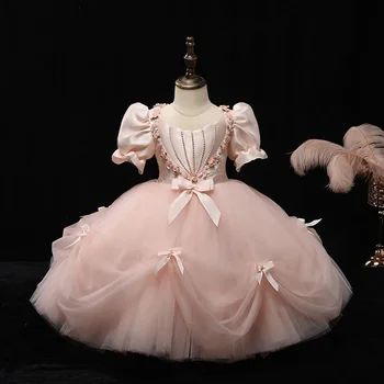 2023 Винтажное бутик-празнична рокля за момичета, бална рокля от тюл с цветя, расшитое мъниста, детски дизайнерски розови рокли на принцеси за шаферки