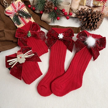 2023, Коледни чорапи за малки момичета, детски обикновена памучни блестящи Дълги чорапи с голяма пеперуда за деца, Меки изолирана Топли чорапи