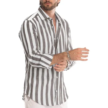 2023 Нова мъжка риза, риза райе с дълги ръкави и ревери, ежедневни ризи свободно намаляване за мъже, Хавайски ризи за мъже
