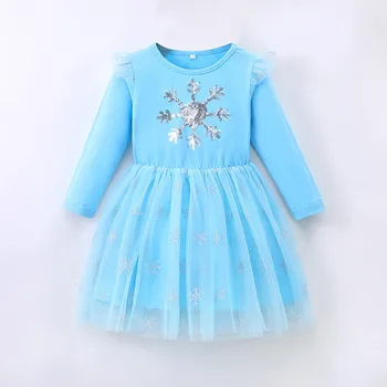 2023 Нова рокля на принцеса с дълги ръкави и с бродерия в формата на снежен цвете, Коледни Есен Сетчатое Синя рокля на принцеса, рокля за парти в чест на рождения ден