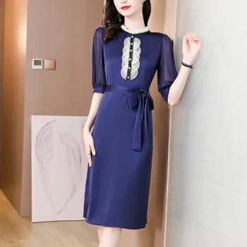 2023 Синьо Ацетатное рокля Midi в стил Мозайка с гофрированным яка, Дамско Елегантно Дебнещ Офис Женствена рокля, Лятото на Корейското Винтажное рокля Casaul