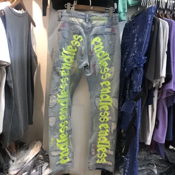 2023 Чисто Нови Класически зелени джинси с дупки, бродирани Endless Дънки, памучни дънкови панталони, Удобни ежедневни дънки, Размер на Карго S-XL #568