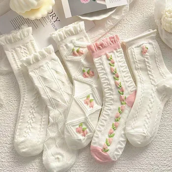 5 Двойки Японски сладки чорапи с бяла пудра в стил харадзюку в стил Лолита, Чорапи-тръби JK Момиче Cherry Blossom, дантелени чорапи за студенти