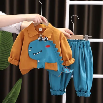 Baywell Kids/ Комплект дрехи за малки момчета, Есен бродирана динозавър За малки момчета, 2 броя дрехи, памук пуловер с ревери + брючные костюми