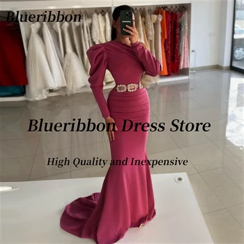 Blueribbon Елегантен дамски дрехи, Вечерни рокли на Русалка с колан и дълги ръкави, празнични рокли за партита на тръби, специални рокли за бала
