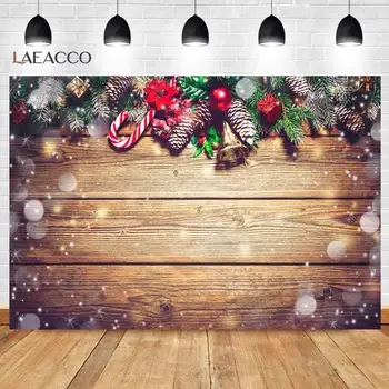 Laeacco Зимна Коледна финансирани Дървена дъска Стенен фон за снимки Дървена дъска Борова камбанка Фотофон Фотосесия
