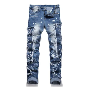 Mcikkny Мъжки дънкови панталони в стил хип-хоп с бродерия букви, градинска дрехи, дънкови панталони в стил мозайка