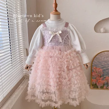 Rose пищни дрехи за момичета Есен-зима 2023, рокля на принцеса с кадифена подплата, пуловер, газови рокли за детски дрехи