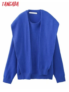 Tangada 2024 Пролетни дамски сини пуловери оверсайз с ожулвания, дамски жилетки 3N92