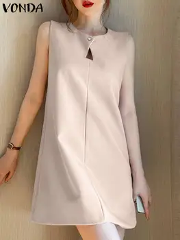 VONDA Лятно Дамско секси рокля 2023, модерен мини-сарафан без ръкави, Обикновен Всекидневен Свободен Кухи Кратък халат Vestidos