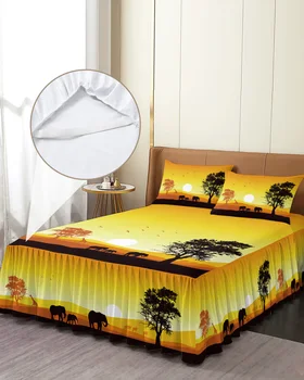 Африкански пейзаж на залез слънце, силует на Слон и жираф, пола, за легла, дебнещ покривалото от наволочками, матрак цилиндър, комплект постелки