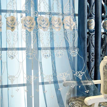 Благородна синя фланелевая слепи, с бродерия в европейски стил, за да хол, спалня, луксозна куха бродирана завеса, тюлевый балдахин