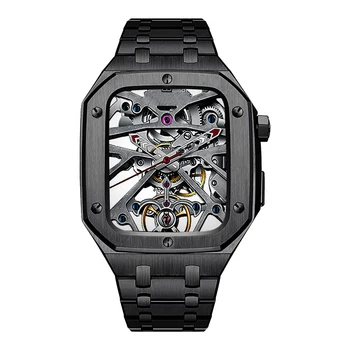 Брониран удароустойчив калъф 316 от неръждаема стомана Каишка за луксозни часовници Apple Watch Case 44 мм 45 мм, Черен