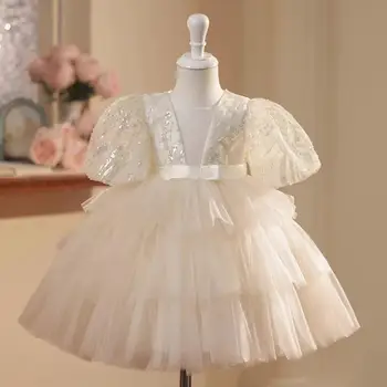 Висококачествено детско вечерна рокля с лък и пайети, дизайнерски дрехи за изпълнения на сватбата, рожден Ден, кръщаване, рокля за момичета A2921