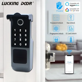 Водоустойчив TTLOCK Smart Bluetooth, Fingerprint Rim Lock IC Карта за Електронно Заключване Интелигентна Система за Заключване на вратите работи с Google, Alexa Echo