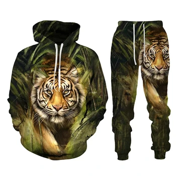 Гореща продажба на джунглата Тигър печат блузи, панталони и комплекти спортен костюм 3D мъжки от две части комплекти големи случайни спорт бягане фитнес костюми