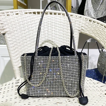Дамски лъскави чанти-тоут за жени, луксозни дизайнерски чанти и портмонета 2023 г., новите чанти през рамо Y2k с имитация на диамант на веригата през рамо
