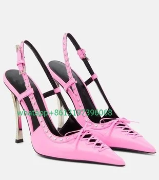 Дамски розови дизайнерски обувки-лодка дантела с тънък ток-карфица, елегантни обувки-лодка на висок ток с остър пръсти, с каишка и катарама, с изрези