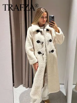 Дамско зимно палто TRAFZA с бяла възбудена пуговицей, ретро силует с ревери, дълги ръкави, дамско модно ежедневното гъст топло палто флисовое
