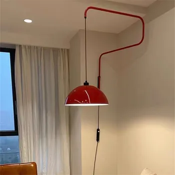 Датски монтиран на стената лампа, Прибиращ се Въртящ се червен железен лампа, Луксозна дизайнерска художествена лампа, монтиран на стената лампа с приставка адаптер, лампа за четене на легла в хола
