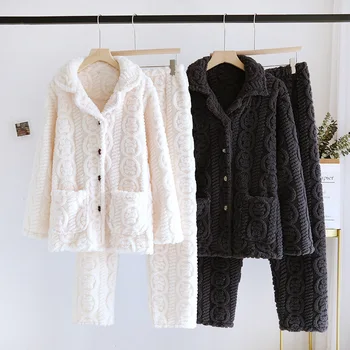 Двойката пижам, зимна жилетка с ревера на гъста коралов кадифе, есенно-зимния фланелевый комплект топли дрехи за дома за мъже и жени