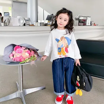 Детски дрехи 2023 г., Сладка тениска с дълги ръкави от картун за момичета, Новата Модерна Детска Памучен ежедневни риза в корейски стил, топ