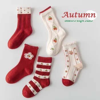 Детски есенни и зимни чорапи за момичета, ярко-червени чорапи на райета с модел за фестивала, детски памучни чорапи за телета