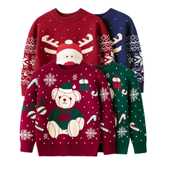 Детски Коледни пуловери, Плетени блузи за момчета и момичета Пуловер с коледните принтом Памучни дрехи Есен-Зима Топли дрехи Трикотажный топ