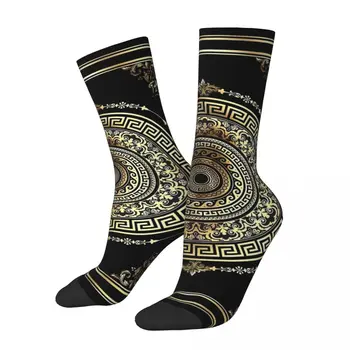 Есенно-зимни забавни женски мъжки чорапи в стил барок със златен и черен гръцкия ключ, нескользящие чорапи за екипажа