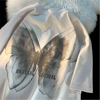Женска тениска, потник с принтом пеперуди в американския винтидж стил, новост 2023 г., тениска с къси ръкави в стил харудзюку с животни, свободна дамски дрехи големи размери