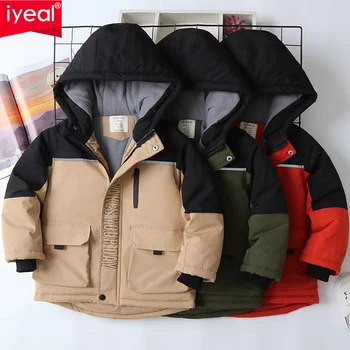 Зимно палто с цветен блок за момчета IYEAL, детски дрехи с цип, Ветроупорен якета с дълги ръкави и качулка, топли палта, дрехи