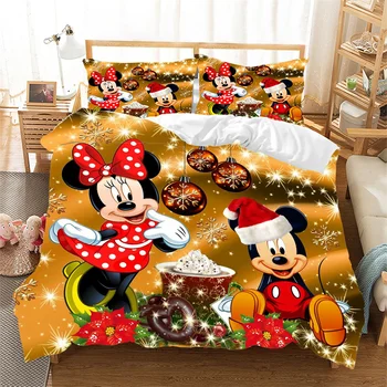 Коледен комплект спално бельо Disney с Мики и Мини маус, Чаршаф, Коледен подарък за рожден Ден за децата King Size