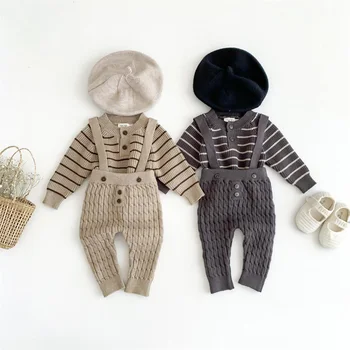 Комплект за новородено, есенно-зимен пуловер за момчета/момичета, вязаный пуловер райе + панталони с колан, комплект от 2 теми, на 3 м-18 м