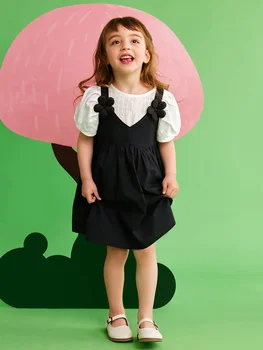 Комплект от бяла тениска и черни рокли за малки момичета, 100% памук, 2022, лятна тънка детски дрехи за почивка, сладка детски дрехи в цветенце, 150 см
