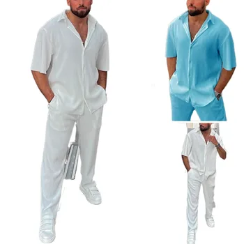 Комплекти от риза с къс ръкав и дълги панталони, ежедневни мека плажни дрехи, мъжки комплекти 2023, Мъжки комплекти панталони от две части, Бяло-синята пуговица на ревера