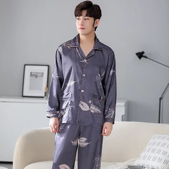 Коприна мъжки пижами, жилетка с принтом, панталони с дълги ръкави, висококачествени мъжки домашни дрехи от гладка коприна,