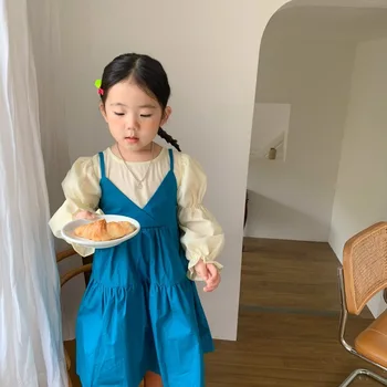 Корейска рокля, Пролет-Есен Нова Пола на подтяжках За момичета, Детски Ежедневни Долната риза С пищни ръкави, Фалшиви Поли-wild Зл