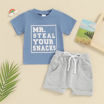 Летни дрехи за малки момчета, тениска с писмото принтом Mr. Steal Your Snacks, най-обикновена къси панталони, комплект ежедневни облекла