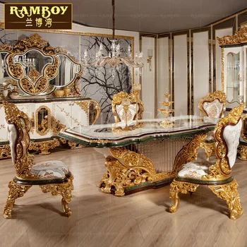 Луксозни маси и столове от европейския масивно дърво с дърворезба, луксозна вила във френския дворец, декориран златно фолио маса по поръчка