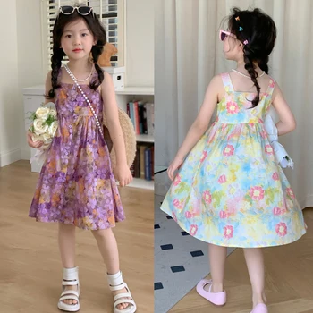 Лятна рокля за малки момичета, плажна рокля принцеса в корейски стил за новородени момичета, детски празнични рокли с цветя модел за деца от 3 до 8 години