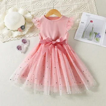 Лятното Ново Сетчатое рокля с Цветове, с дълъг ръкав и пайети за момичета, Рокли за Деца, 2024, Бебешка рокля на Принцеса, Ежедневни дрехи за Малките момичета