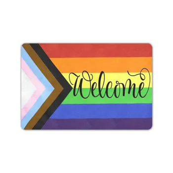 Мат Rainbow Progress Гордост За подкрепа на ЛГБТ общността, гей, лесбийки и бисексуални Украса за входната врата Подложка за пода, Каучук 30x18