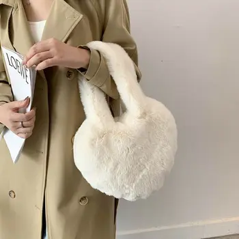 Модерен дамски зимни мек плюшен чанта във формата на сърце, малък кожа чанта-тоут, скъпа чанта от изкуствена кожа за жени и момичета