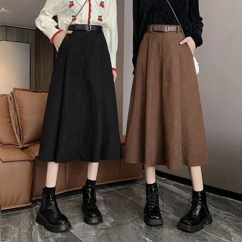 Модерен дамски панталон midi черно на цвят в корейски стил, Нова пола-trapeze с висока талия, дамски есен-зима прости диви дълги поли