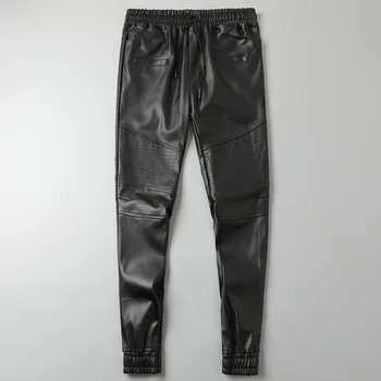 Мъжки кожени панталони, с високо качество, панталони за джогинг с еластична гумена лента за кръста, байкерские панталони от изкуствена кожа, водонепропусклива