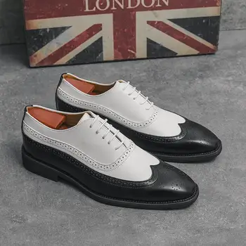 Мъжки обувки за Пролетно бизнес официалната облекло за британския дизайн в ретро стил, сватбени кожени обувки за младоженеца-голям ръст, черни модни обувки, Йо