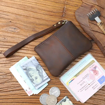 Мъжки портфейл за монети от 100% естествена кожа ръчно изработени, bag-държач за карти от телешка кожа, чанта за пари, с каишка за ръка