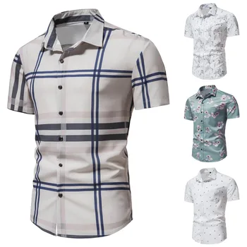 Мъжки пролетно-летни блузи, ежедневни спортни плажна риза с модерна риза с къс ръкав и принтом от смес от памук, празнична риза с копчета