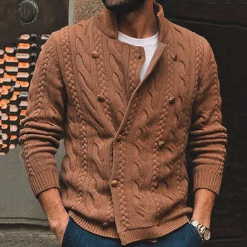 Мъжки пуловер-жилетка 2023, новост есента и зимата, яка-часова, монофонични двубортный модерен случайни пуловер голям размер