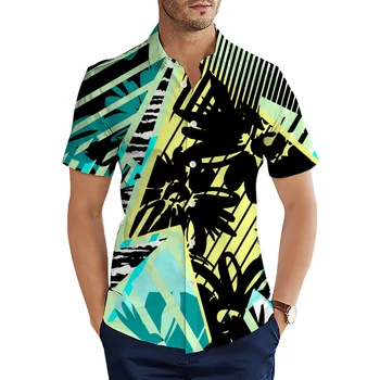 Мъжки ризи HX Fashion риза с къс ръкав в ивица от листа на тропическите растения с 3D принтом, мъжки ежедневни летни плажни блузи, тениски